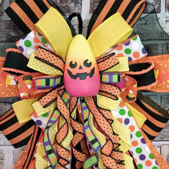 Candy Corn Halloween Bow, Mailbox Bow, Wreath Bow, Tree Bow, Spooky Bow - Picture 7 of 7